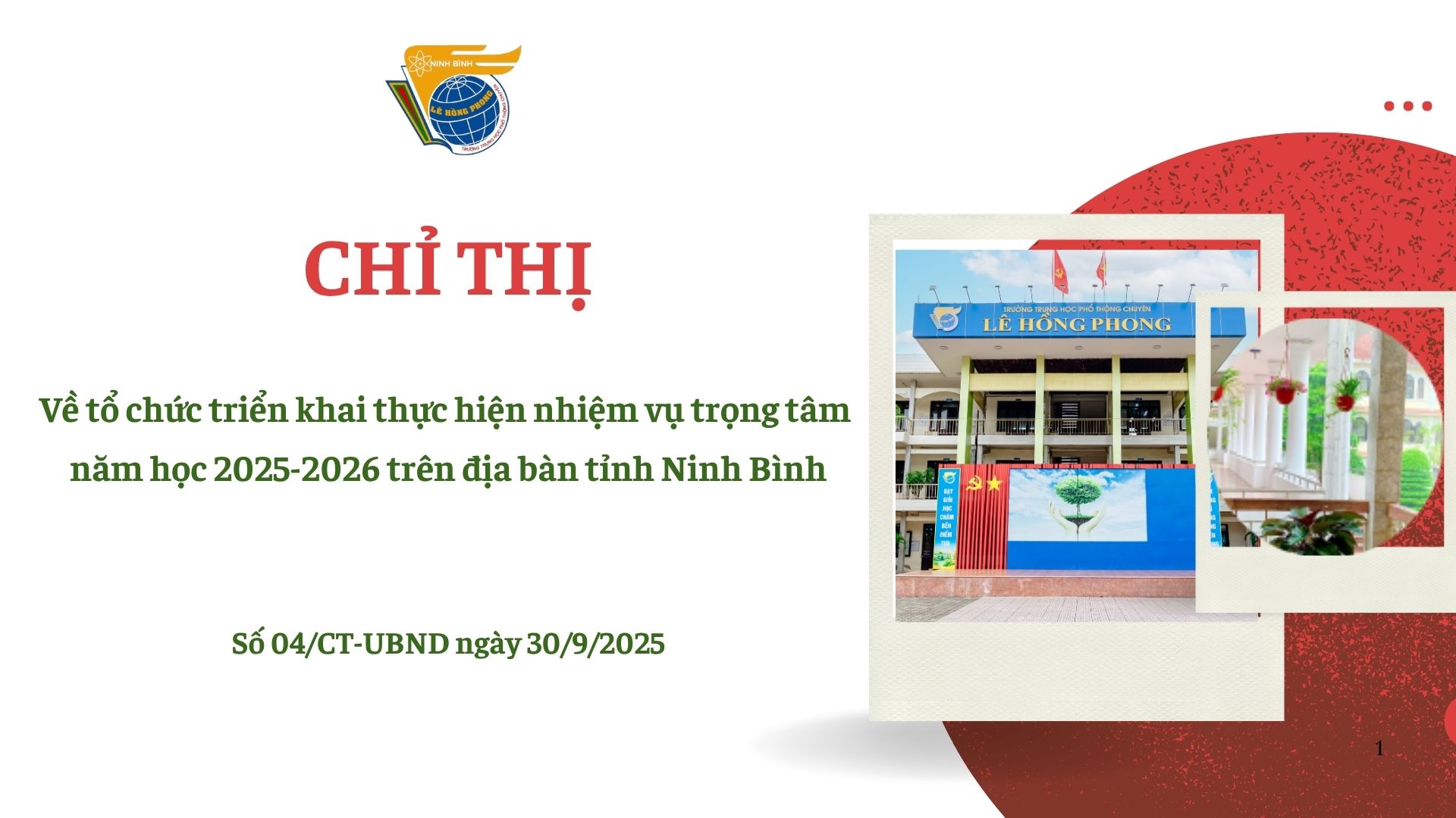 Chỉ thị về việc tổ  chức triển khai thực hiện nhiệm vụ trọng tâm năm học 2025-2026 trên địa bàn tỉnh Ninh Bình